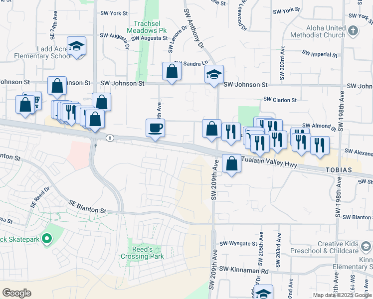 map of restaurants, bars, coffee shops, grocery stores, and more near 21150 Southwest Tualatin Valley Highway in Beaverton