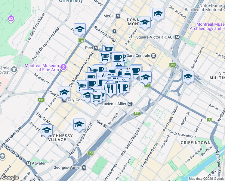 map of restaurants, bars, coffee shops, grocery stores, and more near 1155 Rue de la Montagne in Montréal