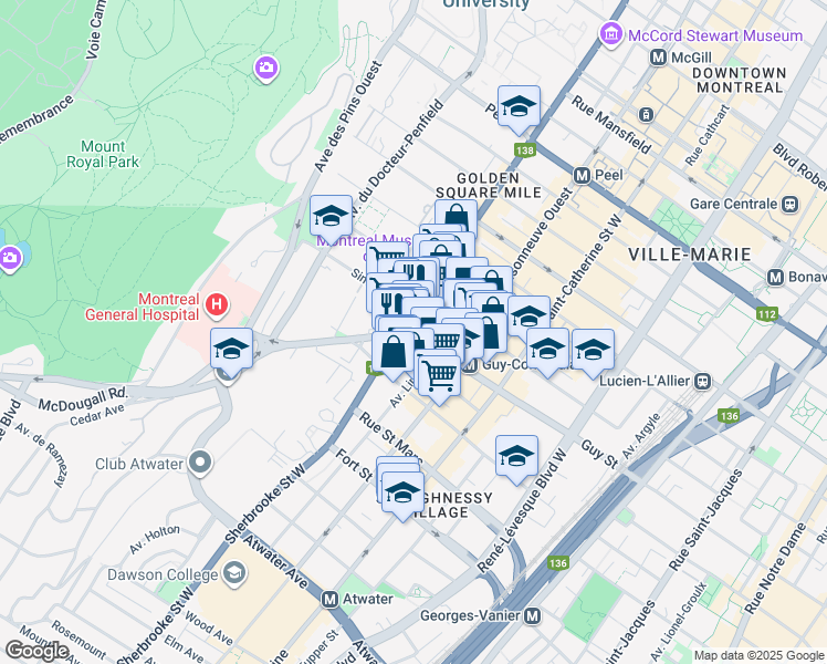 map of restaurants, bars, coffee shops, grocery stores, and more near in Montreal