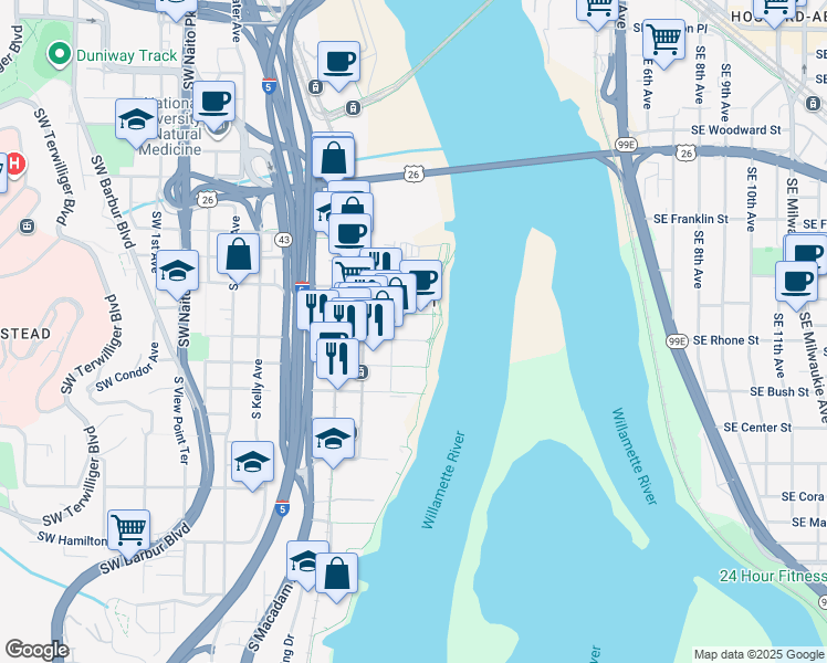 map of restaurants, bars, coffee shops, grocery stores, and more near 841 Southwest Gaines Street in Portland