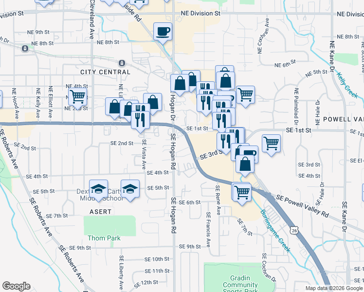 map of restaurants, bars, coffee shops, grocery stores, and more near 100 Southeast Hogan Road in Gresham