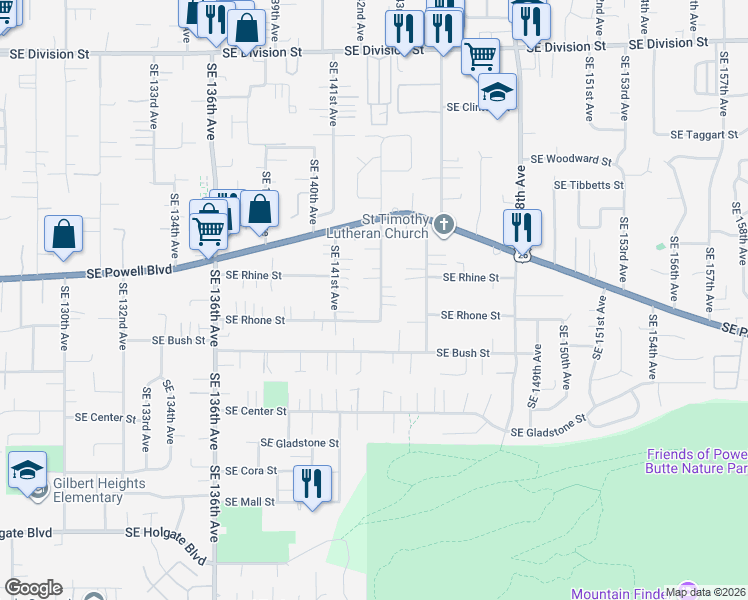 map of restaurants, bars, coffee shops, grocery stores, and more near 3539 Southeast 143rd Avenue in Portland