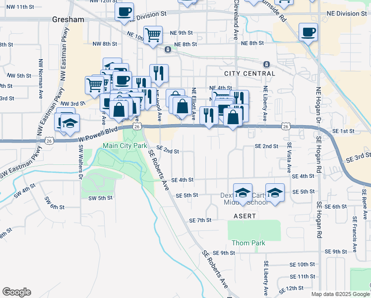 map of restaurants, bars, coffee shops, grocery stores, and more near 164 Southeast Kelly Avenue in Gresham