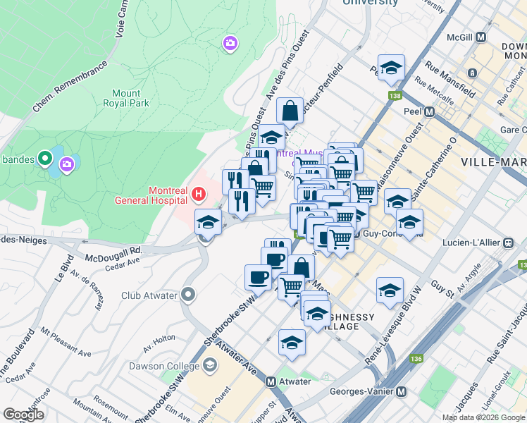 map of restaurants, bars, coffee shops, grocery stores, and more near 3555 Chemin de la Côte-des-Neiges in Montréal