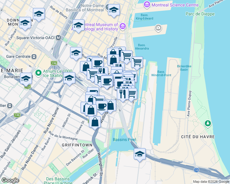 map of restaurants, bars, coffee shops, grocery stores, and more near 88 Rue Prince in Montréal
