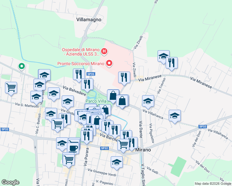 map of restaurants, bars, coffee shops, grocery stores, and more near 7 Via Luigi Mariutto in Mirano