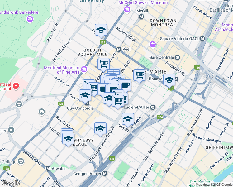 map of restaurants, bars, coffee shops, grocery stores, and more near 1228 Rue Crescent in Montréal