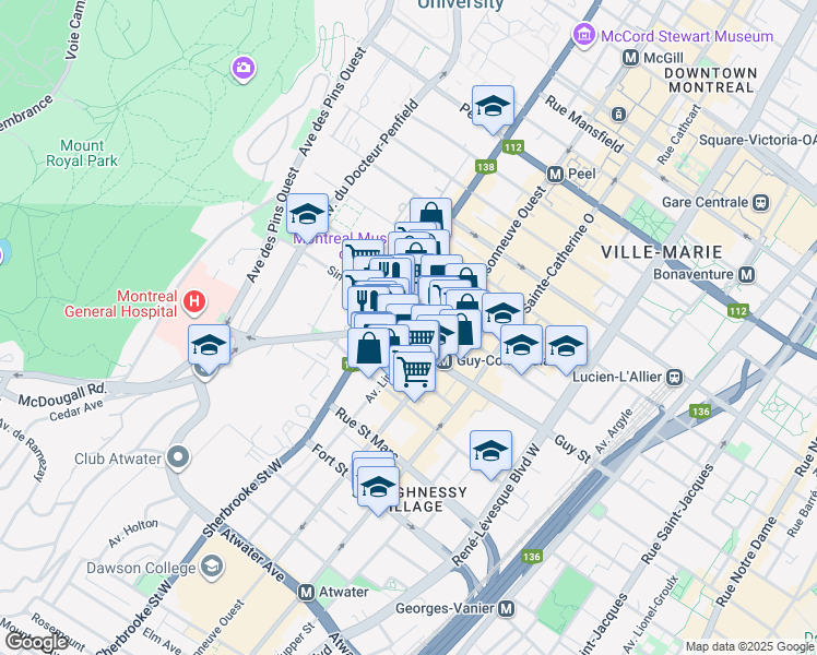 map of restaurants, bars, coffee shops, grocery stores, and more near in Montreal