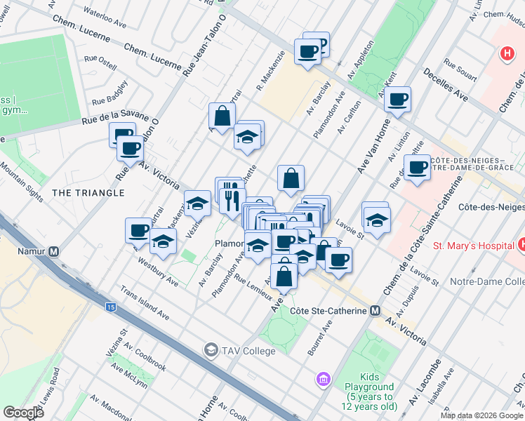 map of restaurants, bars, coffee shops, grocery stores, and more near 4711 Avenue Plamondon in Montréal