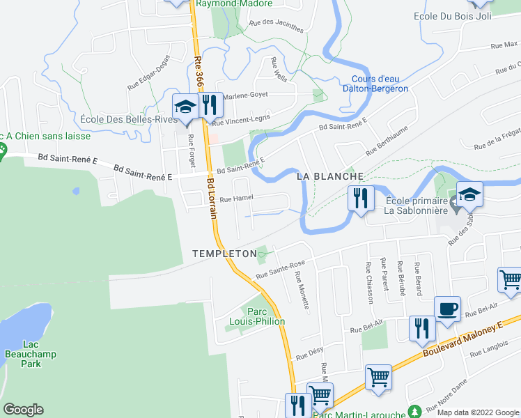 map of restaurants, bars, coffee shops, grocery stores, and more near 89 Rue Hamel in Gatineau
