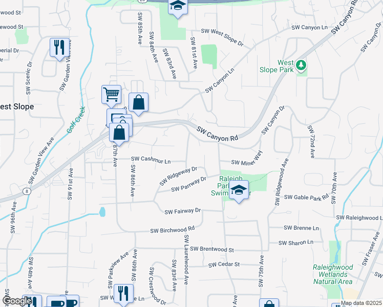 map of restaurants, bars, coffee shops, grocery stores, and more near 3200 Southwest 82nd Avenue in Portland