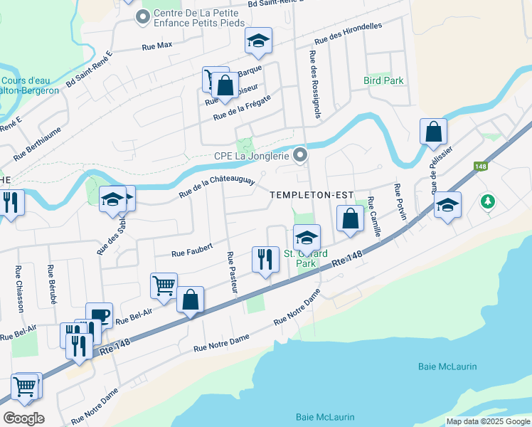map of restaurants, bars, coffee shops, grocery stores, and more near 72 Rue de la Malbaie in Gatineau