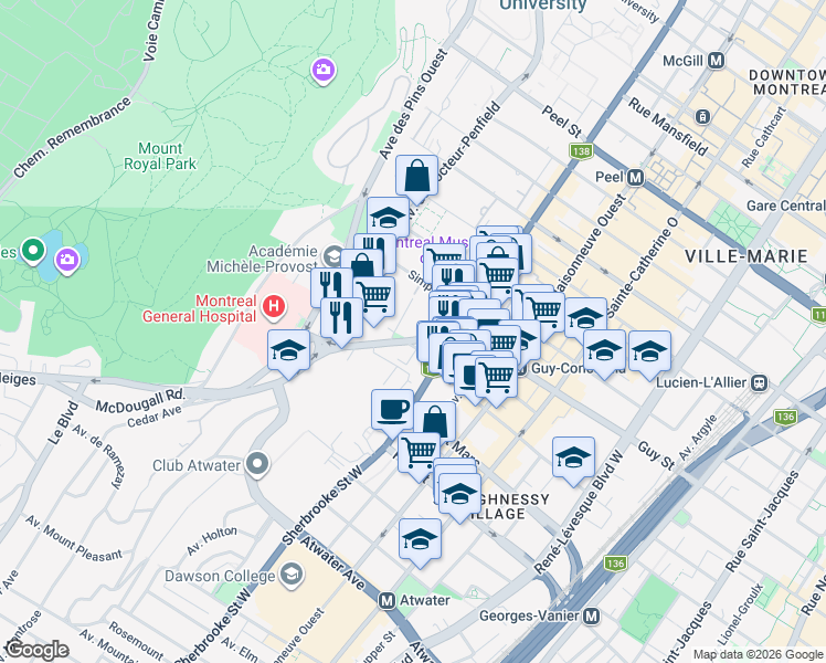 map of restaurants, bars, coffee shops, grocery stores, and more near 3465 Chemin de la Côte-des-Neiges in Montréal
