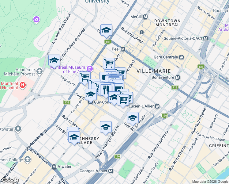map of restaurants, bars, coffee shops, grocery stores, and more near 1396 Rue Sainte-Catherine Ouest in Montréal