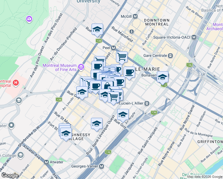 map of restaurants, bars, coffee shops, grocery stores, and more near 1228 Rue Crescent in Montréal