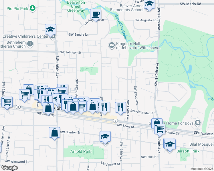 map of restaurants, bars, coffee shops, grocery stores, and more near 17573 Southwest Wakem Street in Aloha
