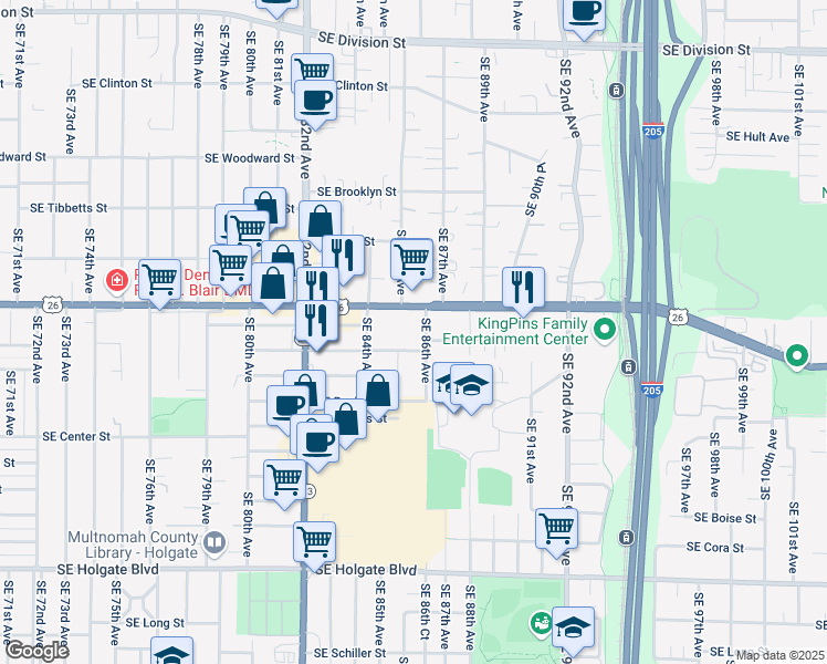 map of restaurants, bars, coffee shops, grocery stores, and more near 3535 Southeast 86th Avenue in Portland