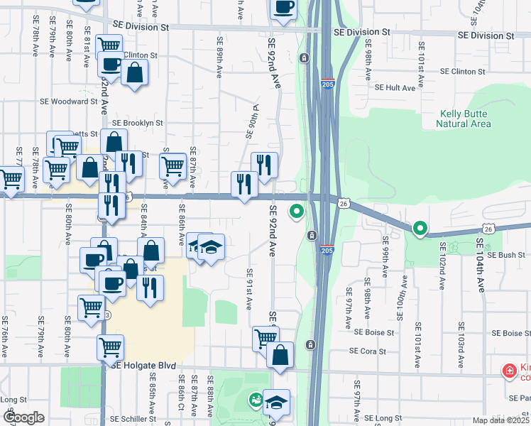 map of restaurants, bars, coffee shops, grocery stores, and more near 9120 Southeast Powell Boulevard in Portland