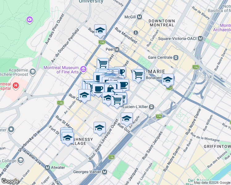 map of restaurants, bars, coffee shops, grocery stores, and more near 1220 Rue Crescent in Montréal