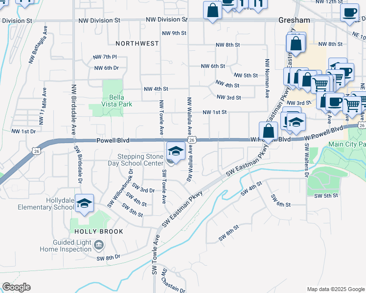 map of restaurants, bars, coffee shops, grocery stores, and more near 1320 Powell Boulevard in Gresham