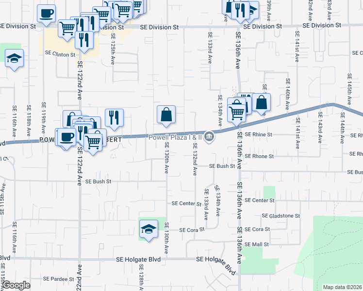 map of restaurants, bars, coffee shops, grocery stores, and more near 3609 Southeast 132nd Avenue in Portland