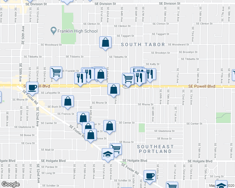 map of restaurants, bars, coffee shops, grocery stores, and more near 3556 Southeast 63rd Avenue in Portland
