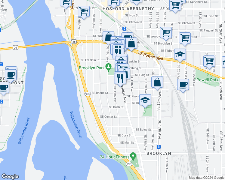 map of restaurants, bars, coffee shops, grocery stores, and more near 1035 Southeast Rhone Street in Portland