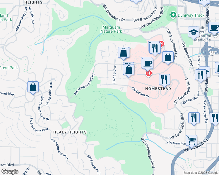 map of restaurants, bars, coffee shops, grocery stores, and more near 3719 Southwest 12th Avenue in Portland
