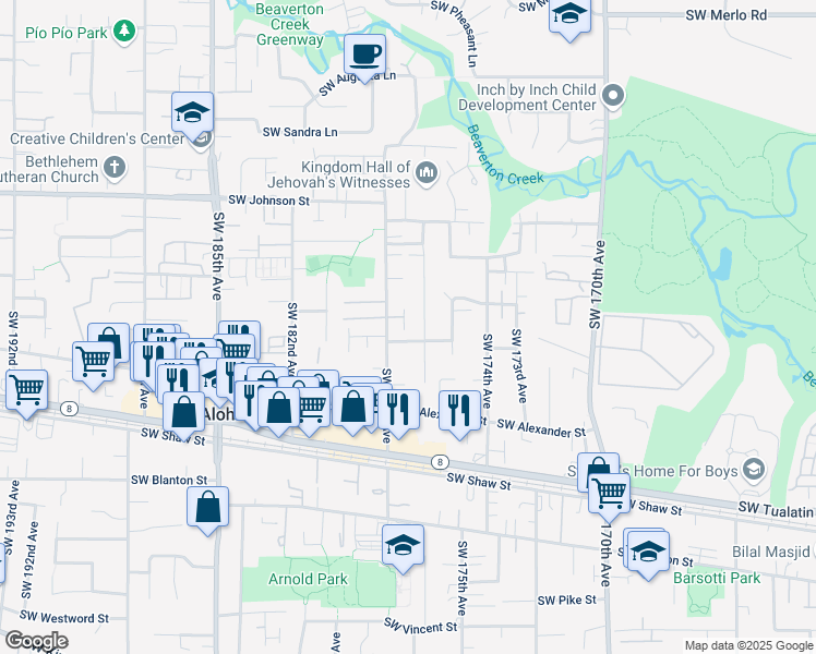 map of restaurants, bars, coffee shops, grocery stores, and more near 17573 Southwest Wakem Street in Aloha