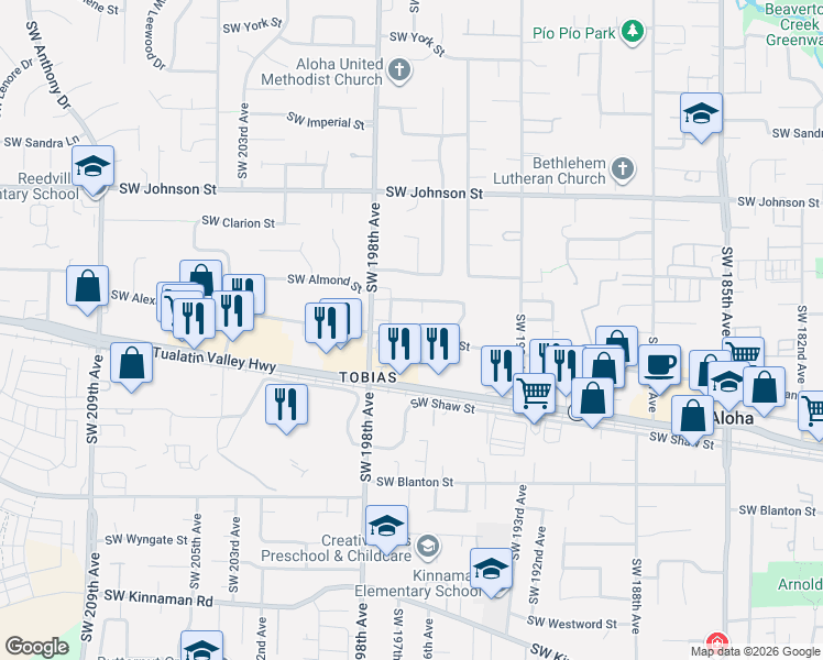 map of restaurants, bars, coffee shops, grocery stores, and more near 19750 Southwest Alexander Street in Beaverton