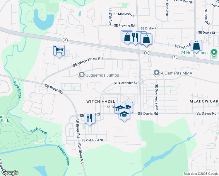 map of restaurants, bars, coffee shops, grocery stores, and more near 4577 Southeast Lone Oak Street in Hillsboro