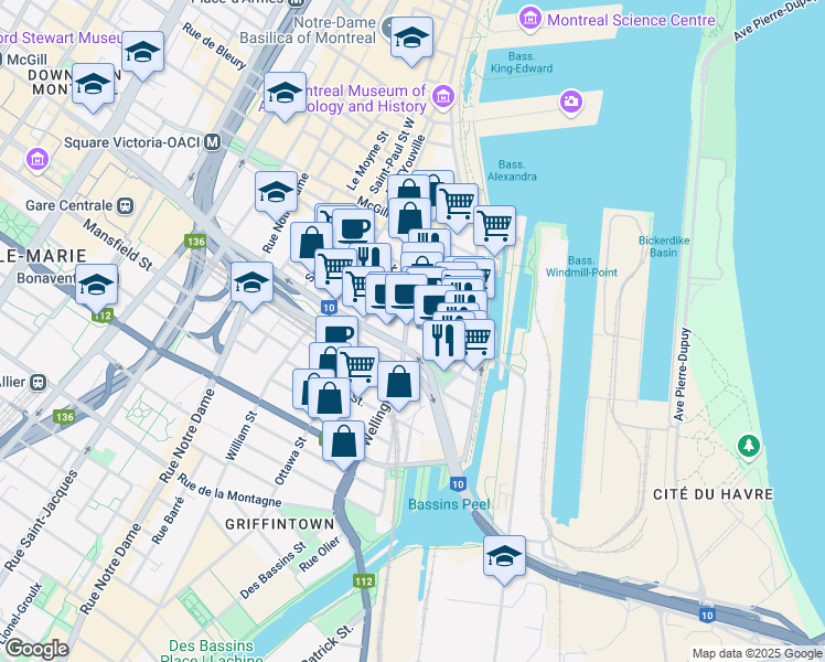 map of restaurants, bars, coffee shops, grocery stores, and more near 80 Rue Queen in Montréal