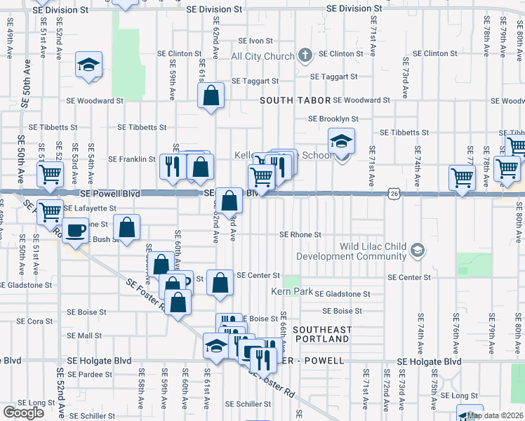 map of restaurants, bars, coffee shops, grocery stores, and more near 3559 Southeast 65th Avenue in Portland