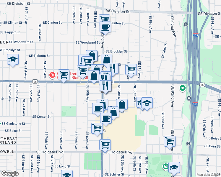 map of restaurants, bars, coffee shops, grocery stores, and more near 8310 Southeast Rhine Street in Portland