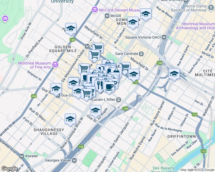 map of restaurants, bars, coffee shops, grocery stores, and more near in Montreal