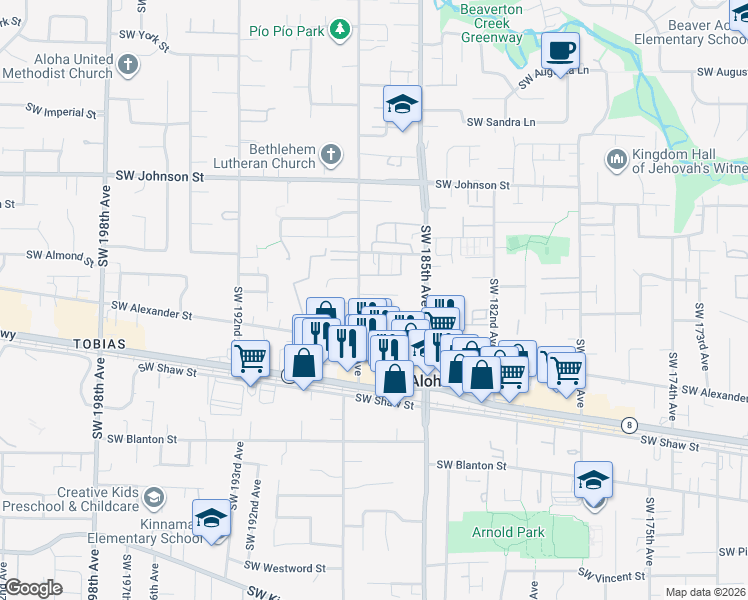 map of restaurants, bars, coffee shops, grocery stores, and more near 18660 Southwest Aloha Court in Aloha