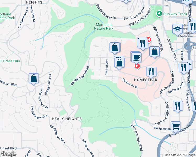 map of restaurants, bars, coffee shops, grocery stores, and more near 3719 Southwest 12th Avenue in Portland