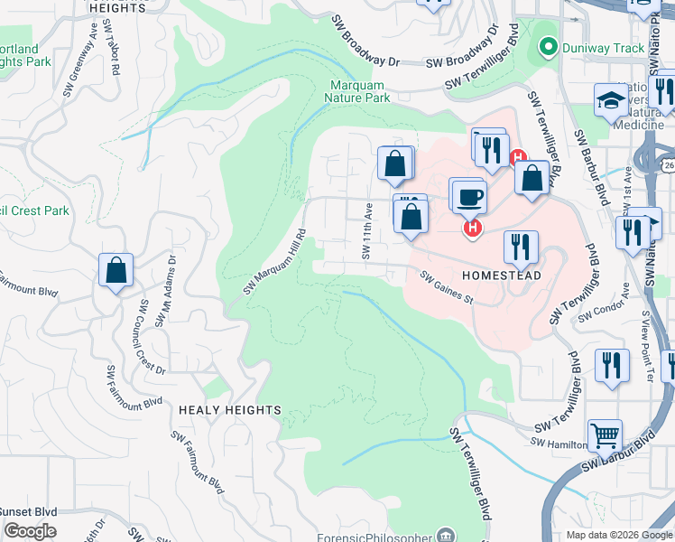 map of restaurants, bars, coffee shops, grocery stores, and more near 3719 Southwest 12th Avenue in Portland