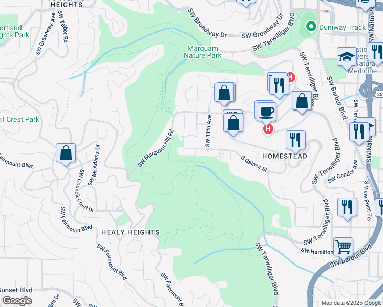 map of restaurants, bars, coffee shops, grocery stores, and more near 3719 Southwest 12th Avenue in Portland