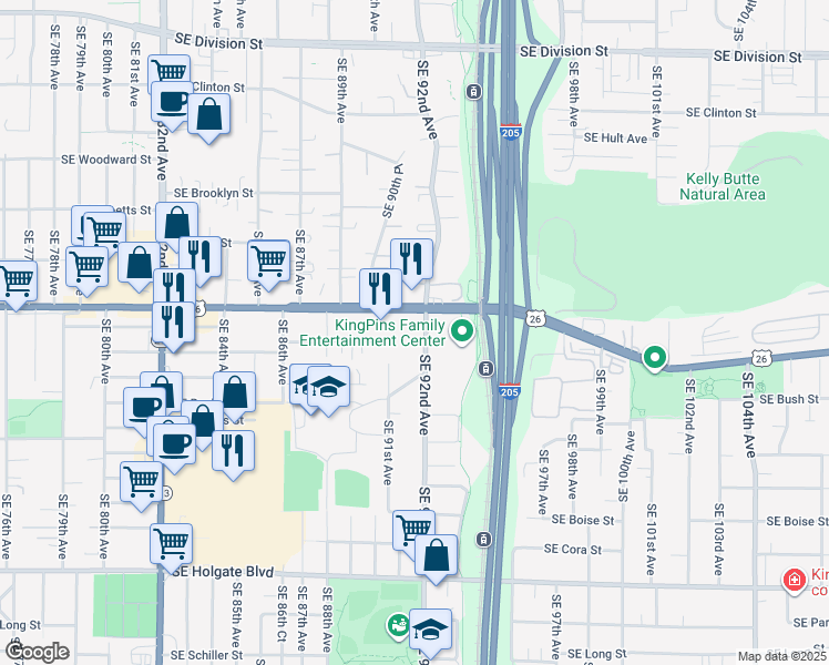 map of restaurants, bars, coffee shops, grocery stores, and more near 9120 Southeast Powell Boulevard in Portland