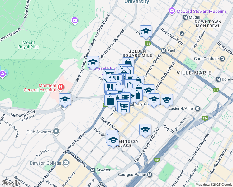 map of restaurants, bars, coffee shops, grocery stores, and more near 1538 Rue Sherbrooke Ouest in Montréal