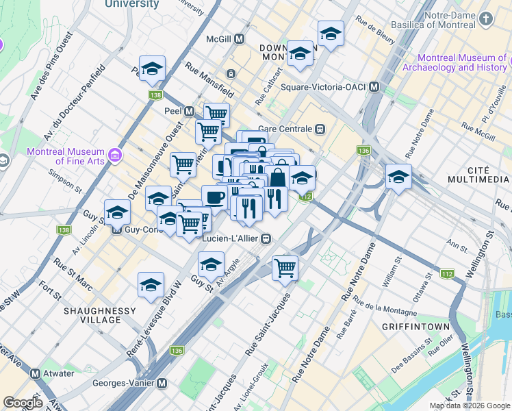 map of restaurants, bars, coffee shops, grocery stores, and more near 1050 Rue Drummond in Montréal