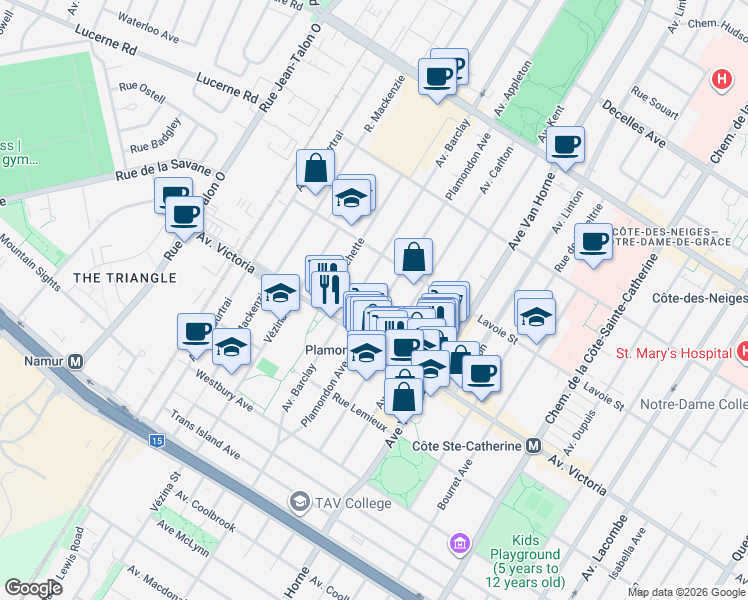 map of restaurants, bars, coffee shops, grocery stores, and more near 4711 Avenue Plamondon in Montréal