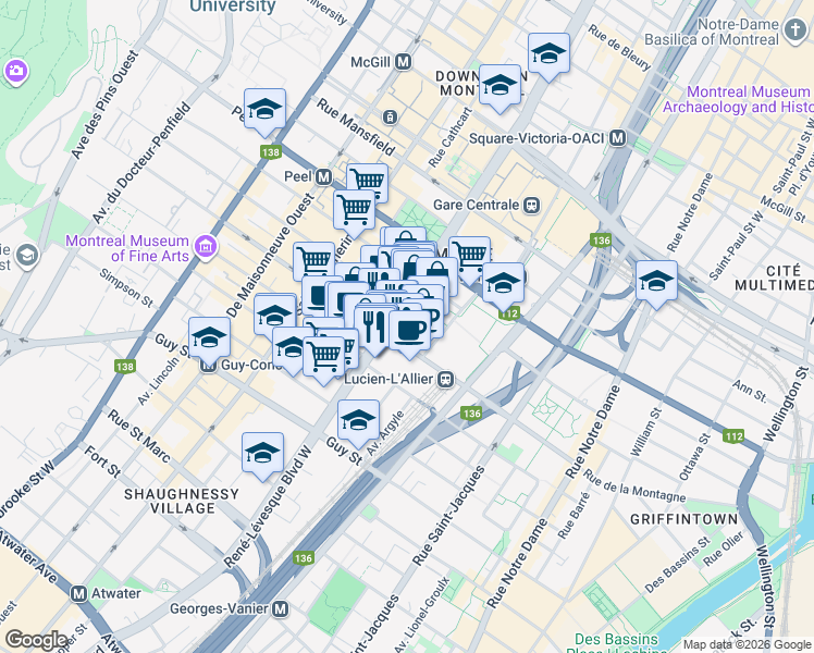 map of restaurants, bars, coffee shops, grocery stores, and more near 1325 Boulevard René-Lévesque Ouest in Montréal