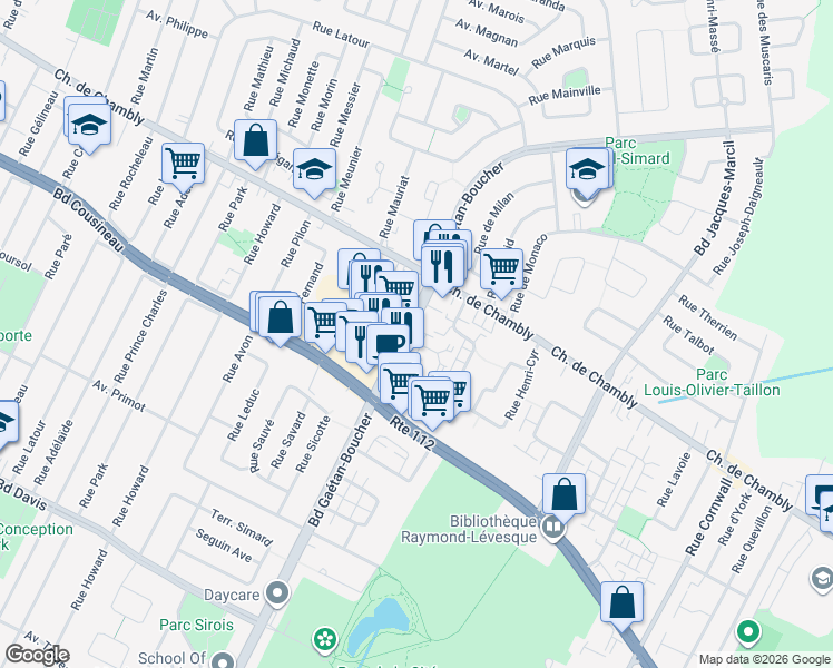 map of restaurants, bars, coffee shops, grocery stores, and more near 2415 Boulevard Gaétan-Boucher in Longueuil