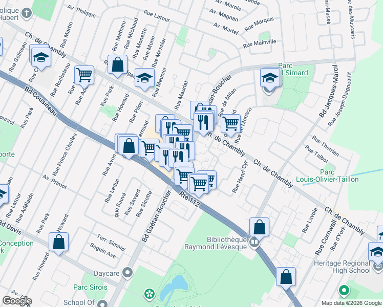 map of restaurants, bars, coffee shops, grocery stores, and more near 2415 Boulevard Gaétan-Boucher in Longueuil
