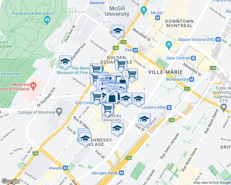 map of restaurants, bars, coffee shops, grocery stores, and more near 1426 Rue Bishop in Montréal