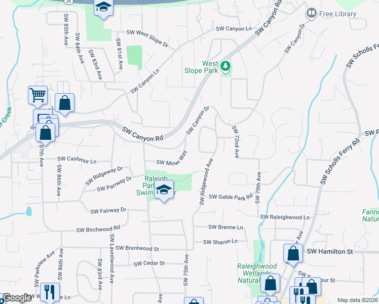 map of restaurants, bars, coffee shops, grocery stores, and more near 3195 Southwest Grace Lane in Portland