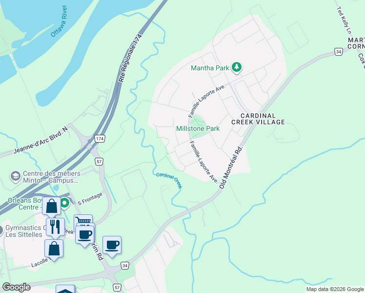 map of restaurants, bars, coffee shops, grocery stores, and more near 168 Minoterie Ridge in Ottawa