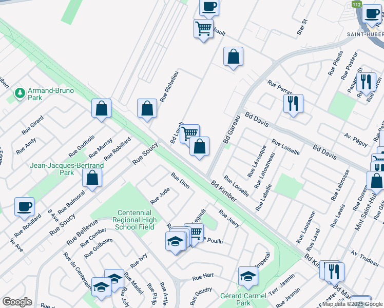 map of restaurants, bars, coffee shops, grocery stores, and more near 4616 Boulevard Kimber in Longueuil
